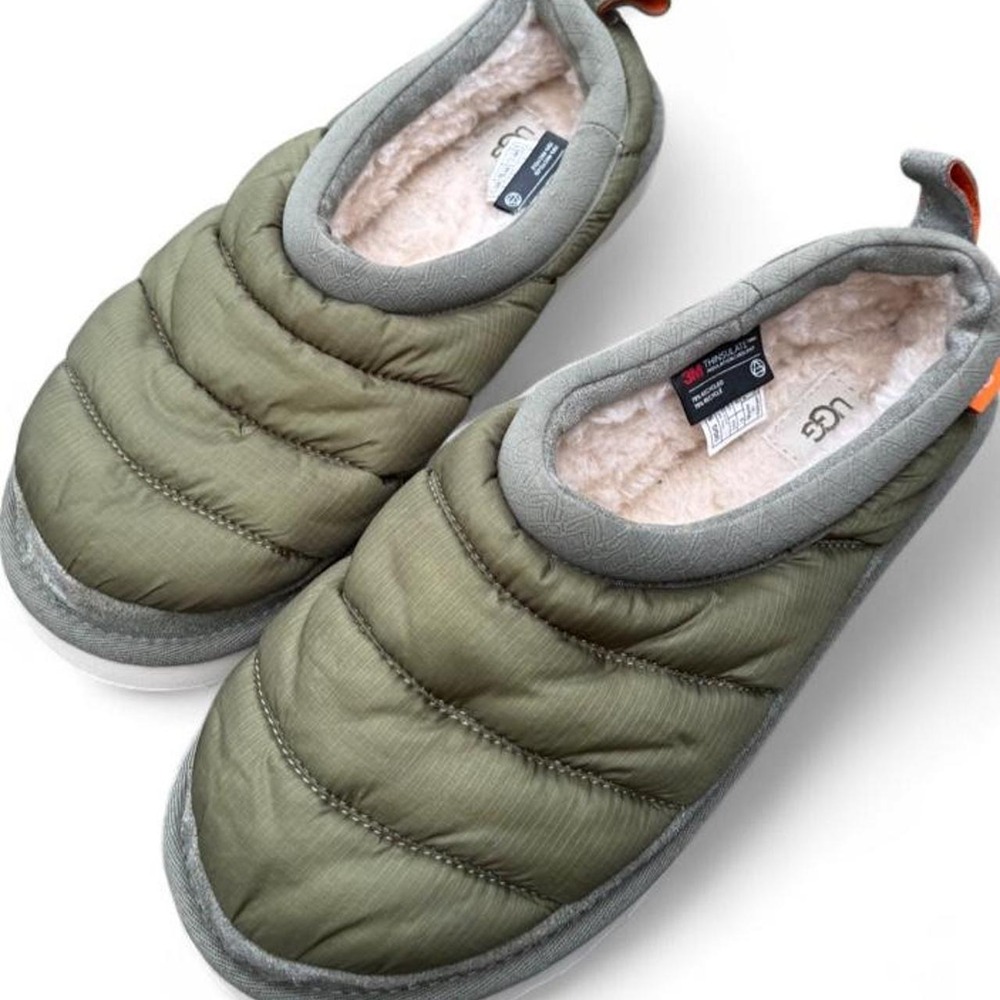 UGG Tasman LTA Puffer Slippers Mens 9 Burnt Olive Green Shearling Lining 1127735